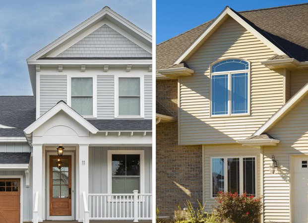 A split image showing fiber cement siding on the left and vinyl siding on the right.